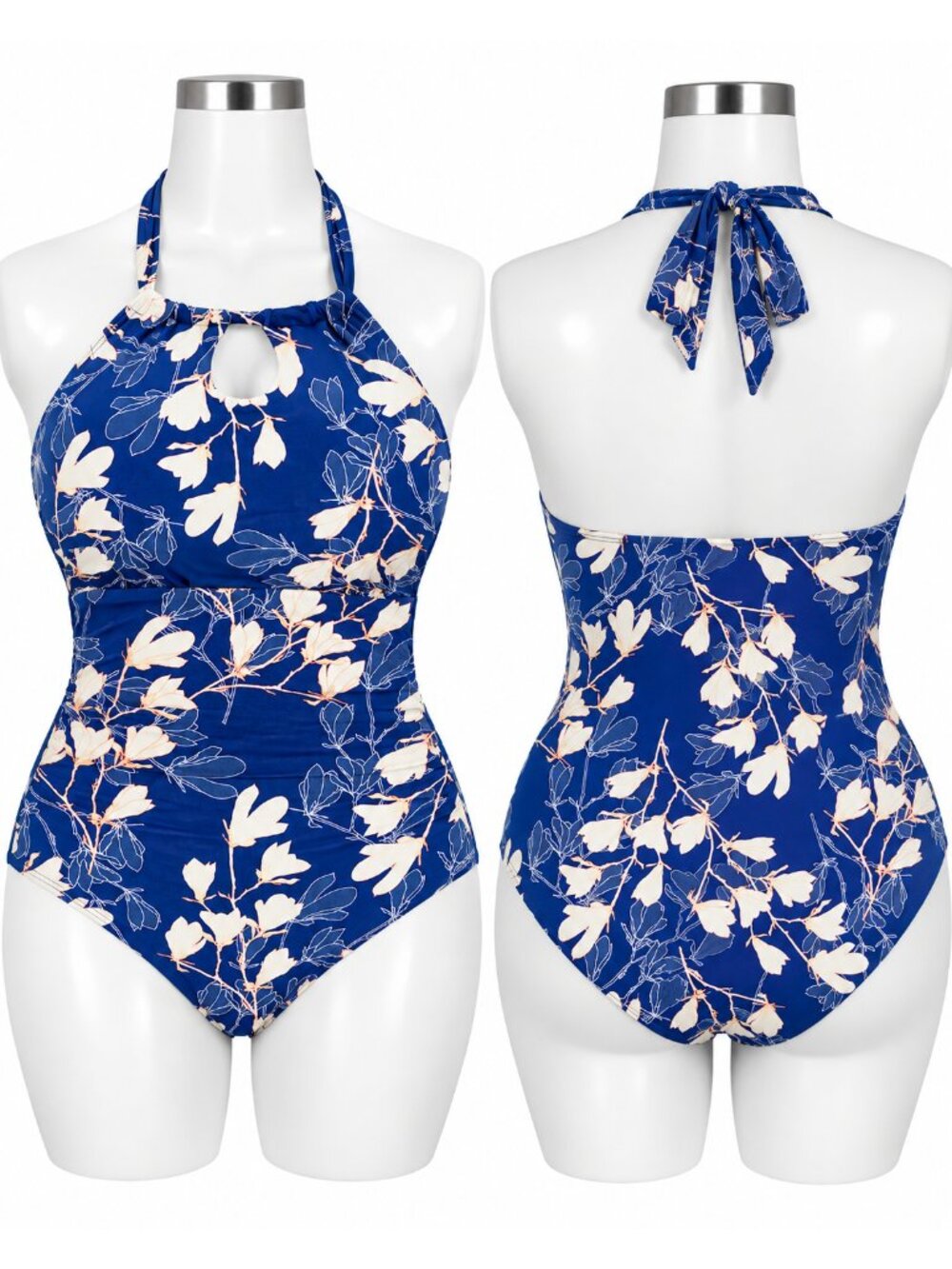 Large Navy Floral Halter Tummy Control One Piece Swimsuit NWT